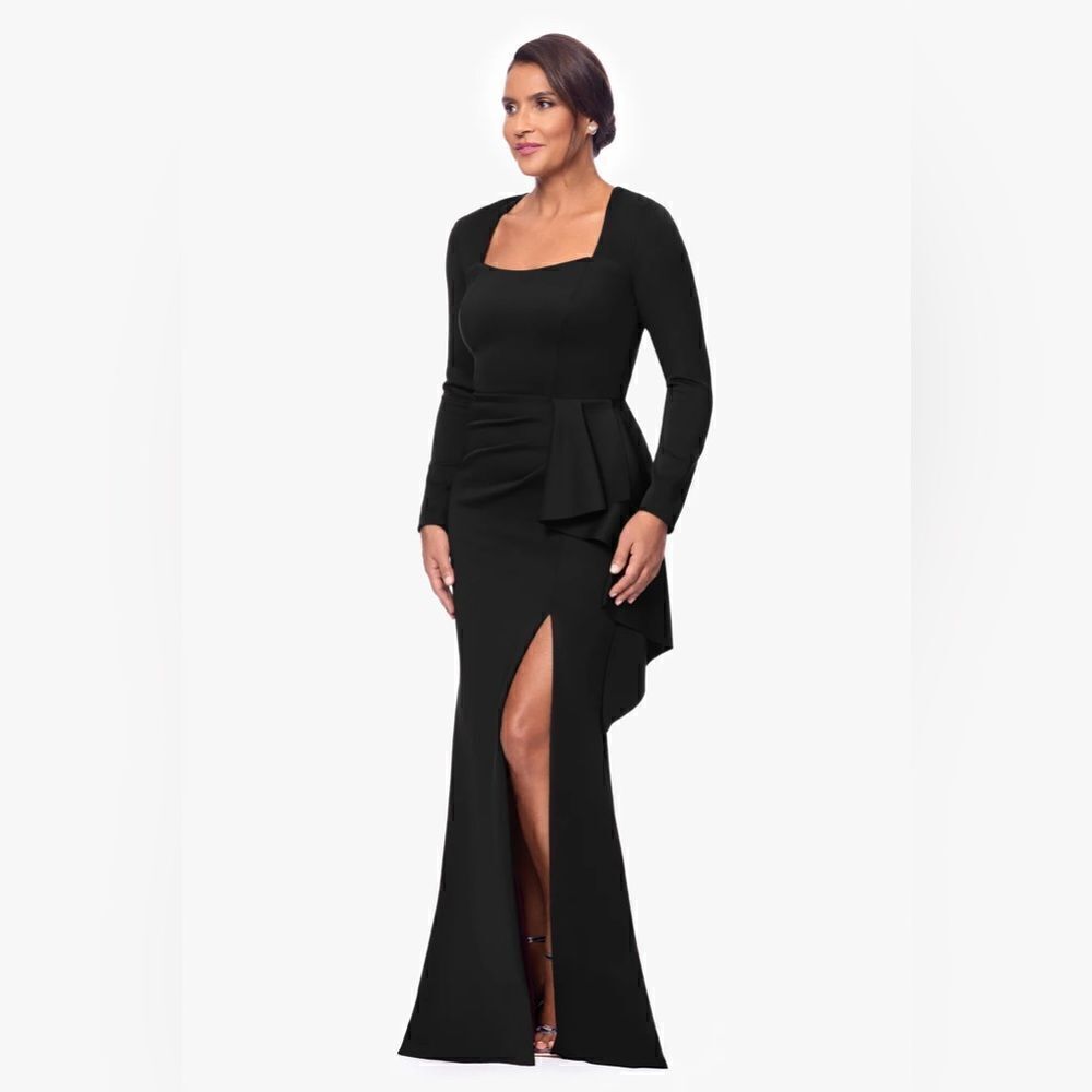 XSCAPE NWT “ADRIAN" LONG TECHNO SCUBA LONG SLEEVE RUFFLE DRESS size 14 in black